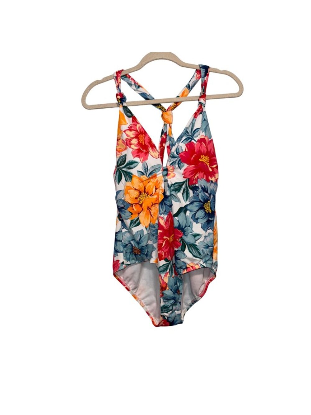 NWT Womens Floral One-Piece Swimsuit Knotted Back Design L 12-14 By Time& Tru